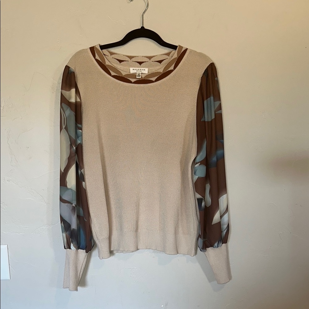 Rio & Rian New‎ York Puff Sheer Sleeve Patterned Beige and Brown Women's Top XL